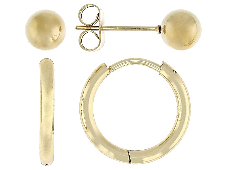 18K Yellow Gold Over Stainless Steel 6mm Stud and 16mm Hoop Earring Box Set