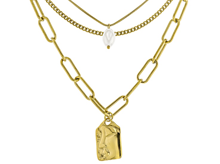 White Pearl Simulant Gold Tone Stainless Steel Multi-Row Paperclip, Box and Cuban 15" Necklace