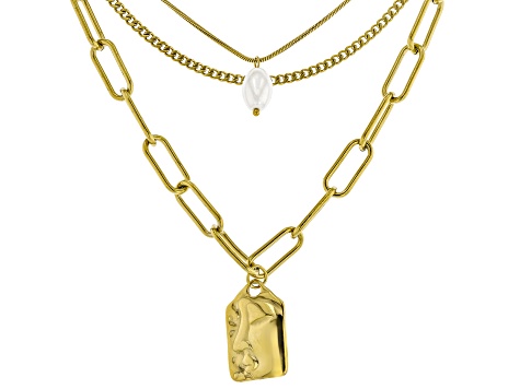 White Pearl Simulant Gold Tone Stainless Steel Multi-Row Paperclip, Box and Cuban 15" Necklace