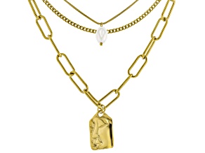 White Pearl Simulant Gold Tone Stainless Steel Multi-Row Paperclip, Box and Cuban 15" Necklace