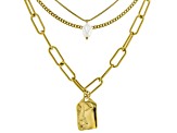 White Pearl Simulant Gold Tone Stainless Steel Multi-Row Paperclip, Box and Cuban 15" Necklace
