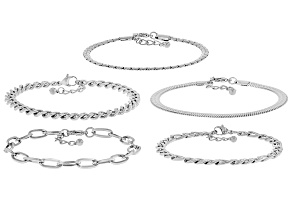 Stainless Steel 4-6mm Snake, Cuban, and Oval Link Bracelet Set of 5