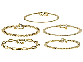 Gold Tone Stainless Steel 4-6mm Snake, Cuban, and Oval Chain Bracelet Set of 5