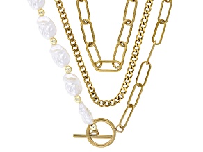 White Pearl Simulant Gold Tone Stainless Steel Paperclip and Cuban 18" Necklace