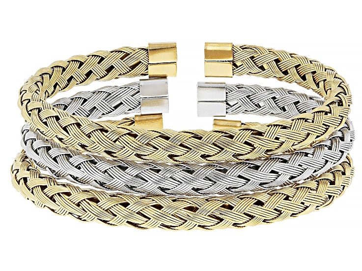 Two-Tone Stainless Steel 6.7mm Woven Cuff Bracelet Set of 3