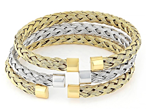 Two-Tone Stainless Steel 6.7mm Woven Cuff Bracelet Set of 3