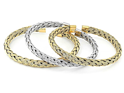 Two-Tone Stainless Steel 6.7mm Woven Cuff Bracelet Set of 3