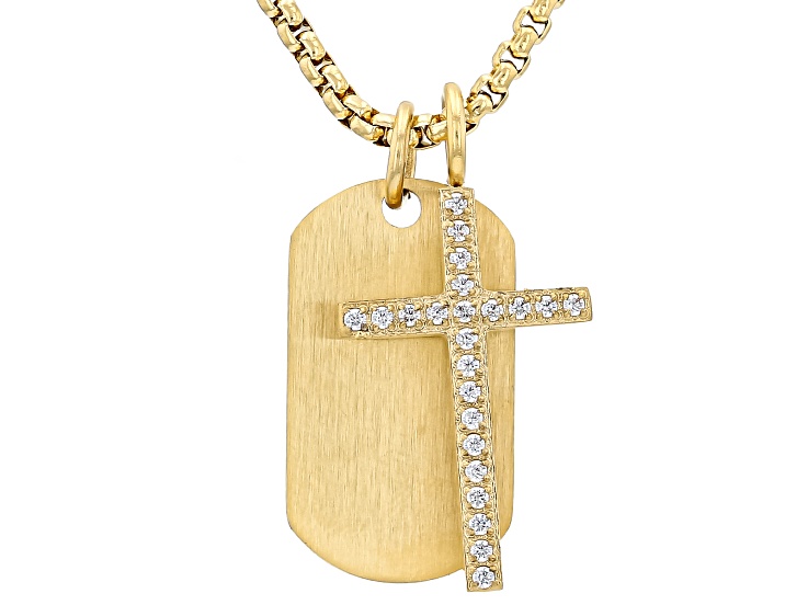 Cubic Zirconia 14K Yellow Gold Over Stainless Steel Cross & Dog Tag Pendants