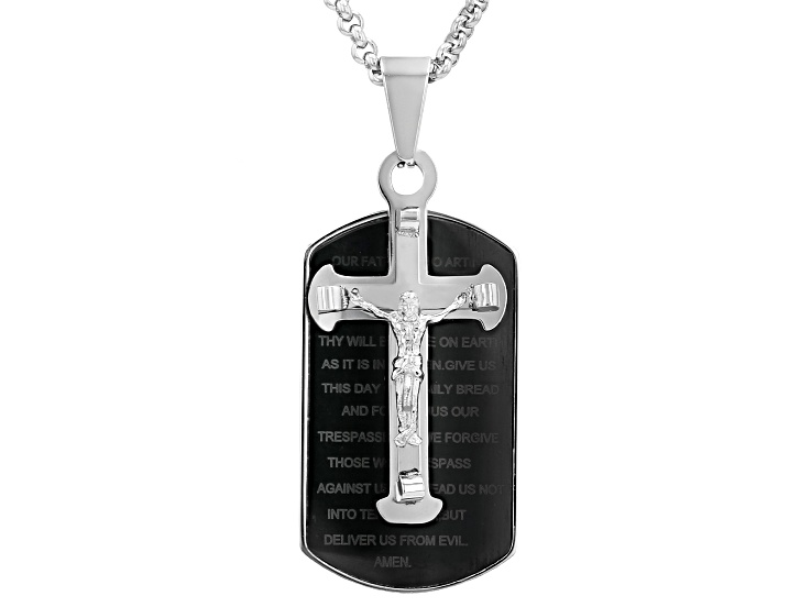 Stainless Steel Polished Cross & Lord's Prayer Dog Tag Pendant