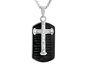 Stainless Steel Polished Cross & Lord's Prayer Dog Tag Pendant With Rolo Chain