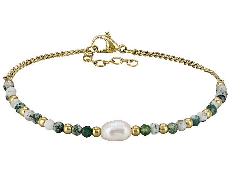 14K Yellow Gold Over Steel Cultured Freshwater Pearl & Moss Agate Bracelet