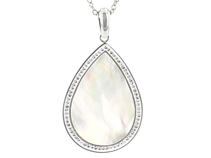 Stainless Steel Mother-Of-Pearl with White Crystal Pendant On Cable 18" Chain