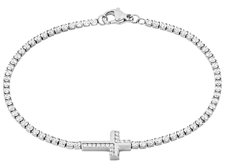 White Cubic Zirconia Stainless Steel Cross Tennis Bracelet 4.16ctw