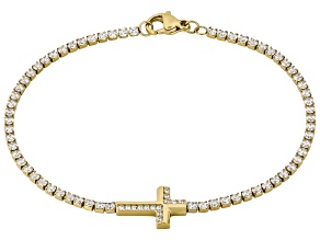White Cubic Zirconia 14K Yellow Gold Over Stainless Steel Cross Tennis Bracelet 4.02ctw