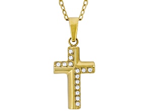 White Cubic Zirconia 14K Yellow Gold Over Stainless Steel Cross Pendant with 18" Chain 0.06ctw