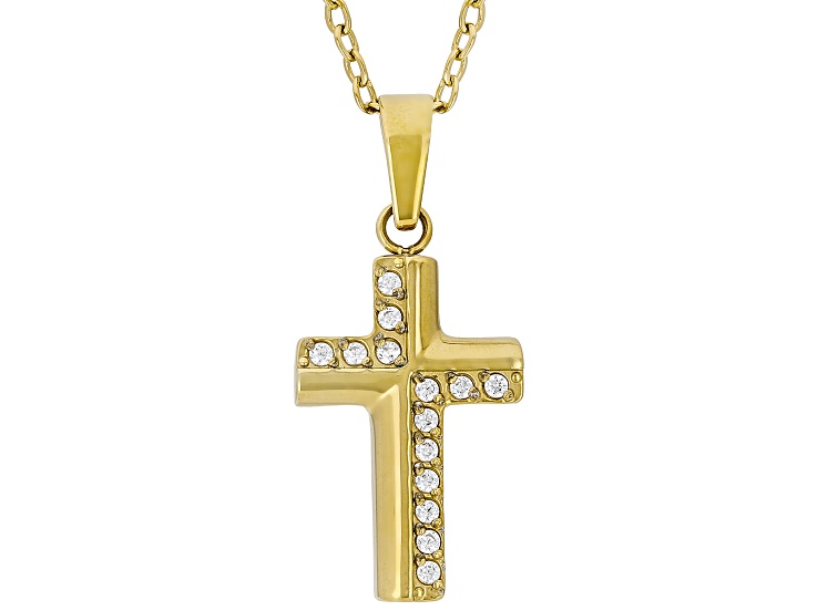 White Cubic Zirconia 14K Yellow Gold Over Stainless Steel Cross Pendant with 18" Chain 0.06ctw