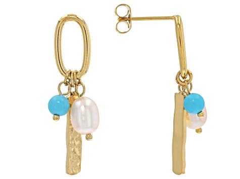 14K Gold Over Stainless Steel Cultured Freshwater Pearl & Turquoise Simulant Earrings