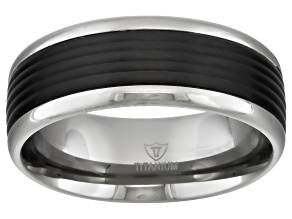 8mm Men's Titanium With Black Enamel Grooved Inlay Band