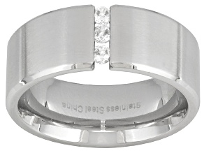 Men's Brushed Stainless Steel With 0.27ctw Diamond Simulant Wide Band