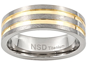 8mm Men's Brushed Titanium With Gold Tone Ion Plated Grooves Band Ring