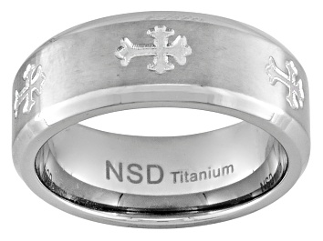 Picture of Mens Brushed Titanium With Cross Design Polished Edge Band Ring