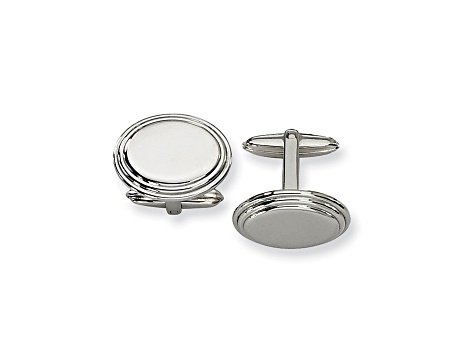 Stainless Steel Polished Ribbed Edge Oval Cuff Links
