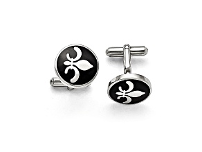 Black Enamel Stainless Steel Polished Fleur De Lis Cuff Links