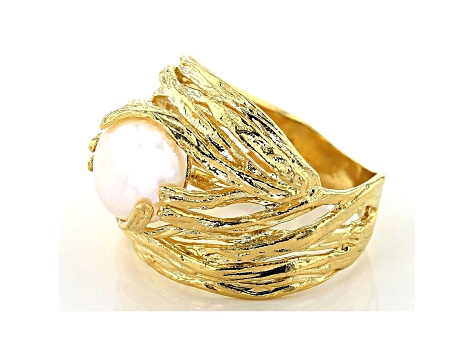8-9MM White Cultured Freshwater Pearl 18K Yellow Gold Over Silver Nest Ring