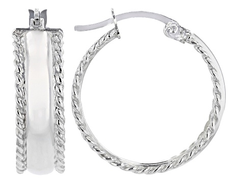 Sterling Silver High Polished With Rope Accents Hoop Earrings