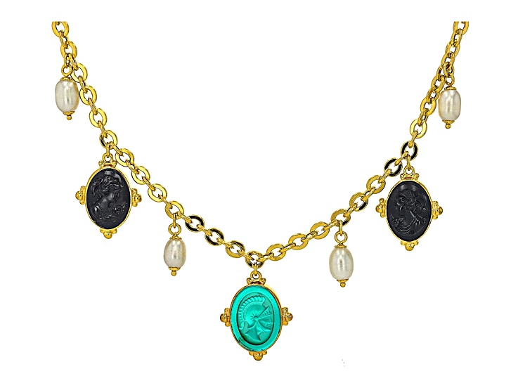 Tagliamonte 18k Yellow Gold Over Silver Venetian Glass Cameo, Cultured Freshwater Pearl Necklace