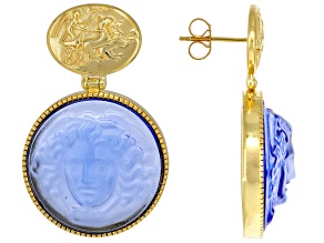 18k Yellow Gold Over Sterling Silver Blue Venetian Glass Medusa Cameo Earrings