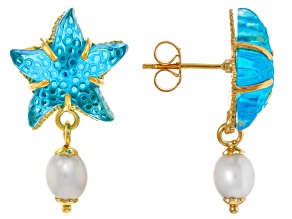 18k Yellow Gold Over Silver Blue Venetian Glass, Cultured Freshwater Pearl Starfish Earrings