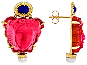 18k Yellow Gold Over Silver Pink Venetian Glass, Cultured Freshwater Pearl Medusa Cameo Earrings