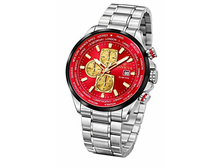 Invicta Men's Aviator 50mm Red Dial Stainless Steel Bracelet Quartz Watch