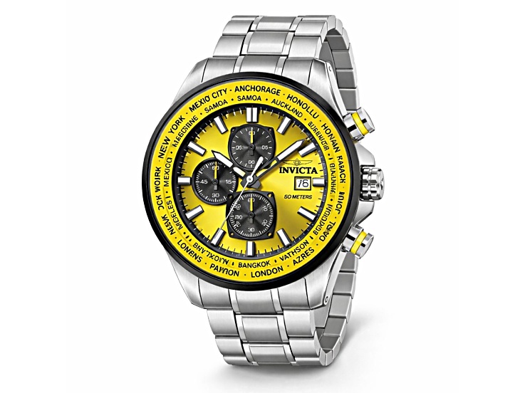 Invicta Men's Aviator 50mm Yellow Dial Stainless Steel Bracelet Quartz Watch