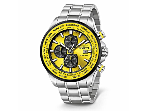 Invicta Men's Aviator 50mm Yellow Dial Stainless Steel Bracelet Quartz Watch