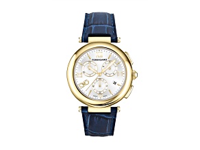 Ferragamo Legacy Womens Watch 40MM IP Yellow Case Silver Sunray Dial Calf Leather Strap