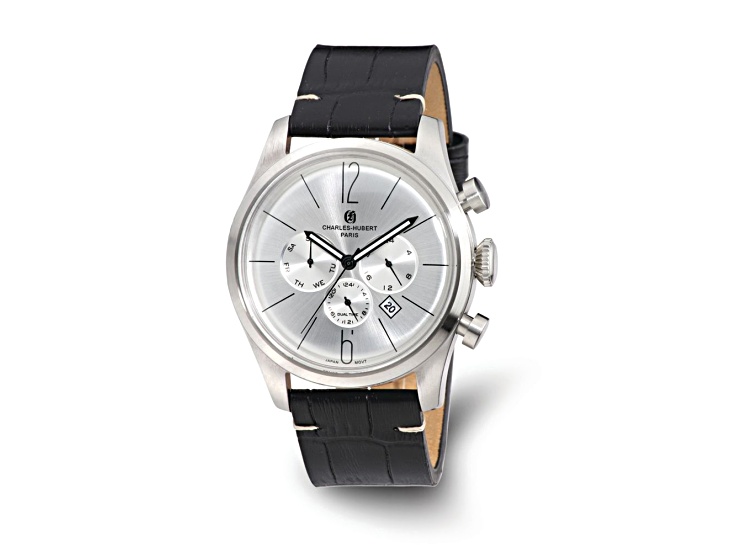 Charles Hubert Men's Stainless Steel Leather Band 46mm Dual Time Watch