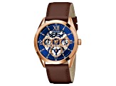 Guess Men's Classic Blue Dial Rose Bezel Brown Leather Strap Watch