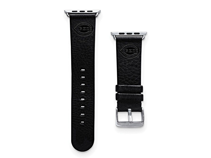 Gametime MLB Cincinnati Reds Black Leather Apple Watch Band (38/40mm S/M). Watch not included.