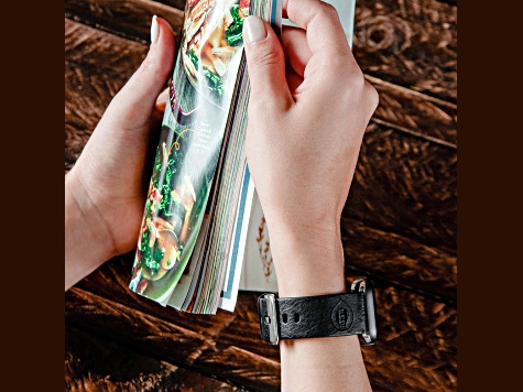 Gametime MLB Cincinnati Reds Black Leather Apple Watch Band (38/40mm S/M). Watch not included.