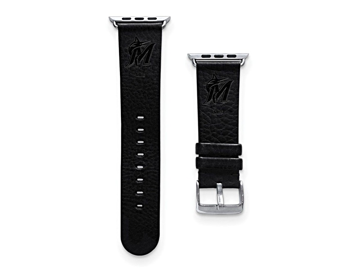 Gametime MLB Miami Marlins Black Leather Apple Watch Band (38/40mm S/M). Watch not included.
