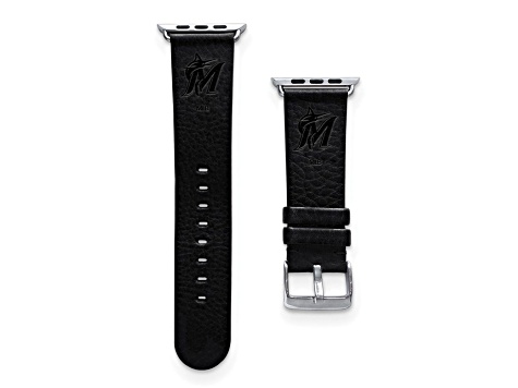 Gametime MLB Miami Marlins Black Leather Apple Watch Band (38/40mm S/M). Watch not included.