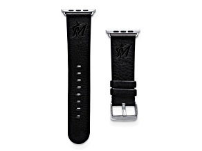 Gametime MLB Miami Marlins Black Leather Apple Watch Band (38/40mm S/M). Watch not included.