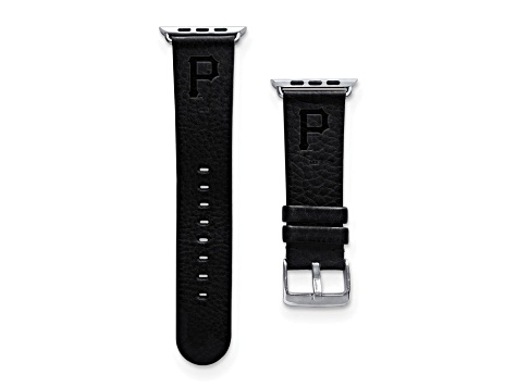 Gametime MLB Pittsburgh Pirates Black Leather Apple Watch Band (38/40mm S/M). Watch not included.