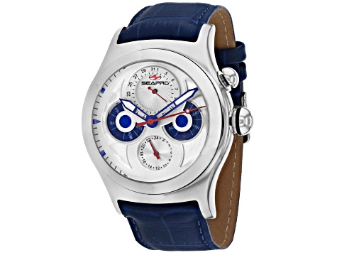 Seapro Men's Chronoscope White Dial and Bezel, Blue Leather Strap Watch