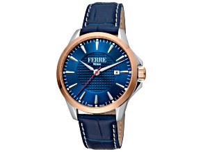 Ferre Milano Men's Fashion 42mm Quartz Blue Dial Blue Leather Strap Watch