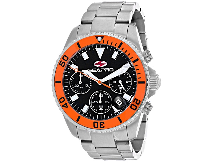 Seapro Men's Scuba 200 Black Dial, Orange Bezel, Stainless Steel