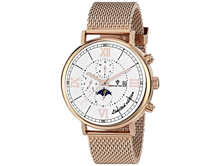Christian Van Sant Men's Somptueuse LTD White Dial, Rose Stainless Steel mesh Watch
