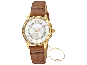 Just Cavalli Animalier Catena 32mm Quartz Women's MOP Dial Brown Leather Strap Watch